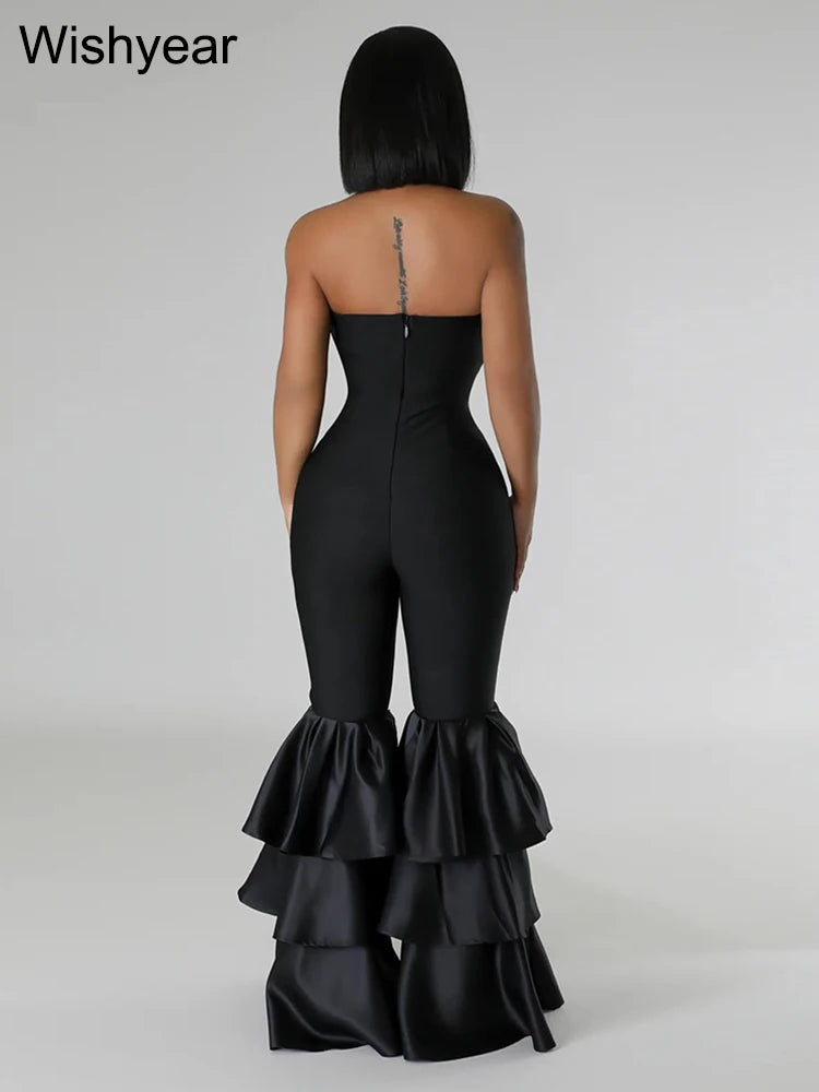 New One Pieces Jumpsuits Women Black Strapless Sleeveless Sexy Rompers Slim Fit Long Ruffles Flare Pant Night Club Even Overalls Secondary image