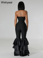 New One Pieces Jumpsuits Women Black Strapless Sleeveless Sexy Rompers Slim Fit Long Ruffles Flare Pant Night Club Even Overalls
