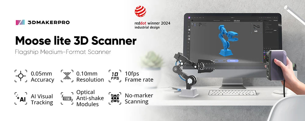 3DMakerpro Moose Lite 3D Scanner, 24-bit Color Camera, Al Visual Tracking,0.05mm Accuracy, 0.10mm Resolution, 10fps Frame Rate