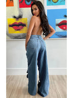 CM.YAYA Women Vintage Cutout Hollow Out Criss Cross Straight Denim Pants 2024 Fashion INS High Waist Wide Leg Jeans Trousers