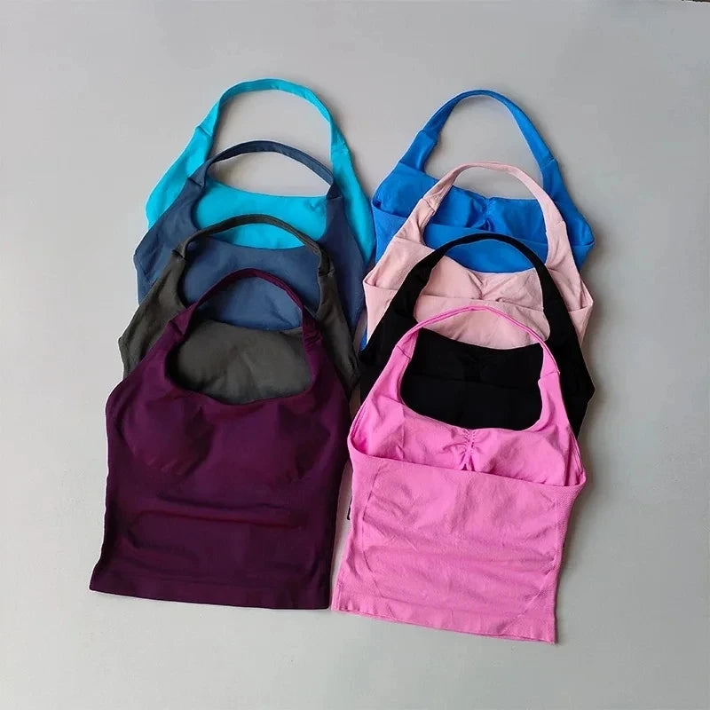 Seamless Halter Neck Yoga Tank Tops for Women Built-in Bra Padded Gym Top Sleeveless Shirt Fitted Backless Workout Clothes Main image