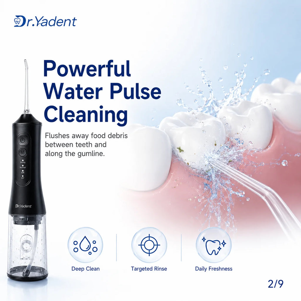 Dr.Yadent YD06 Cordless Oral Irrigator WaterFlosser 300ML Portable Water Jet USB-C Fast Charge 7 Nozzles 4 Modes IPX7 Waterproof