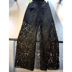 New Summer Denim Patchwork Hook Flower Hollow Lace Straight Leg Wide Leg Pants Casual High Waist Heavy Embroidery Rhinestone