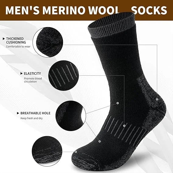 Merino Wool Thermal Socks, Suitable for Both Men and Women, 3 Pairs of Fully Cushioned Winter Boot Socks, Suitable for Hiking and Working in Cold Weather