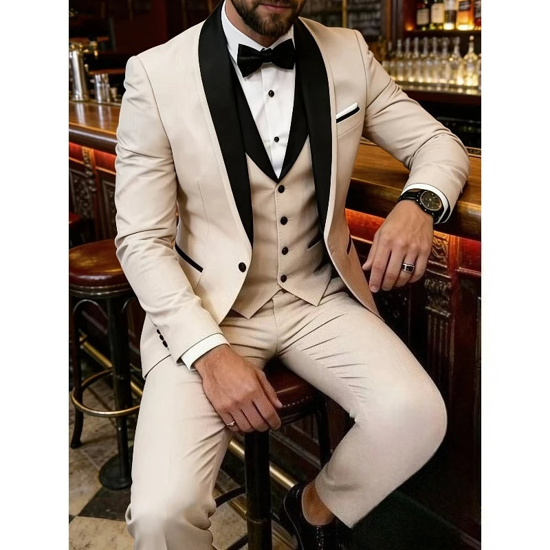 Men'S Blue Fruit Collar Three-Piece Formal Suit Set Shoulder-attached Collar Formal Wedding And Ball Suit Set