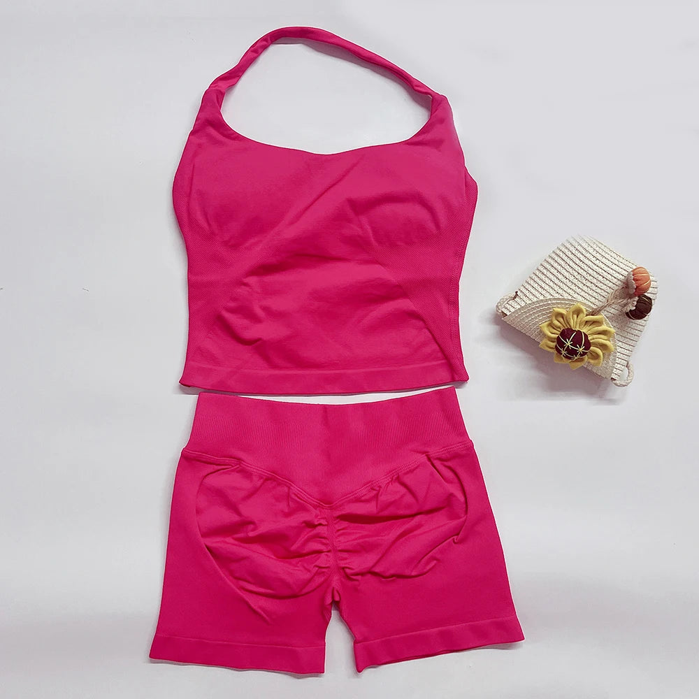 yoga outfits Women 2 pcs Sports DFNNYE Impact Set halterneck Backless Halter Top Seamless Scrunch Shorts Gym Workout Sports Suit