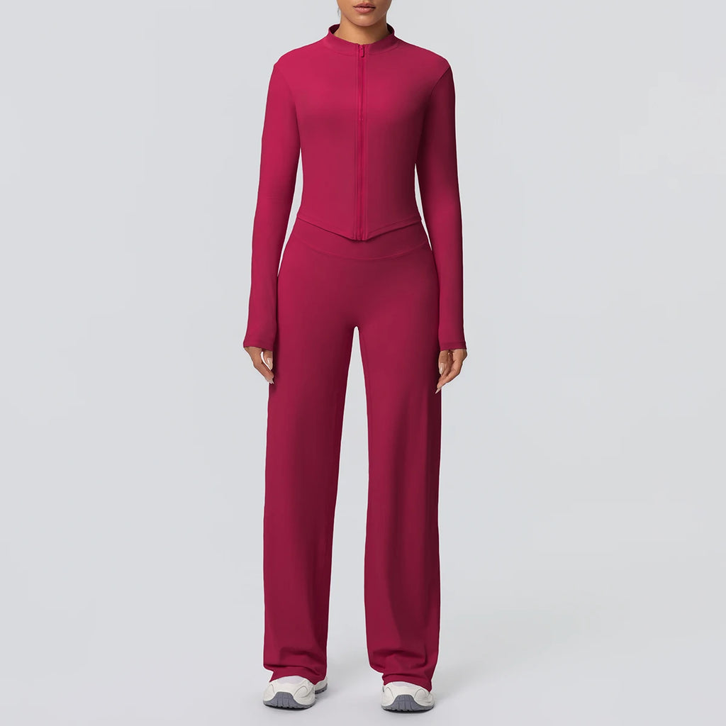 2pieces Quick Drying Sports Fitness Clothing Yoga Set Women Yoga Zipper Long Dleeves High Waisted Breathable Wide Leg Pants Set