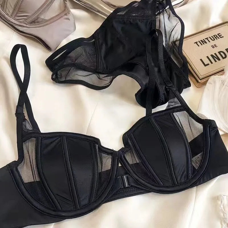 Front Buckle Push Up Bra for Women Lingerie Set Sexy Satin Mesh Semi-Cup Wireless Lift Bra Set with Adjustable Straps S-XL Size