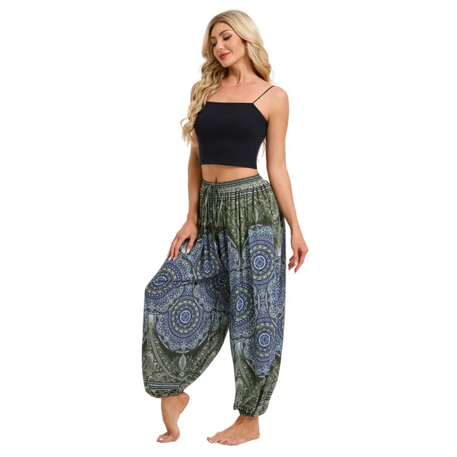 Women's Boho Wide Leg Harem Pants Adult High Waist Yoga Loose Lantern Pants Breathable Beach Trousers Vacation Printed Jagger