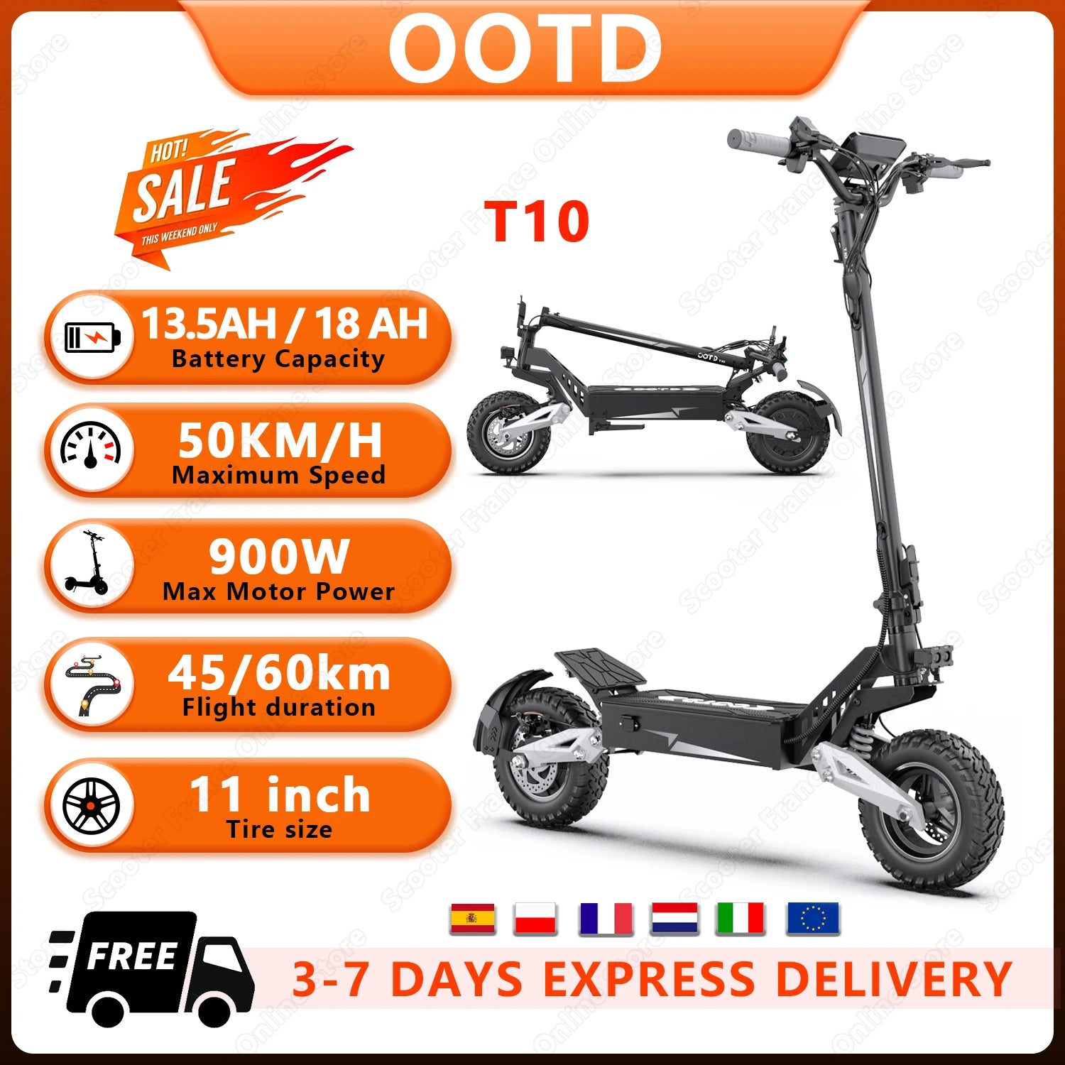 T10 Portable E-Scooter 900W Peak Power 48V 13.5/18 Ah Battery Electric Scooter for Adults 11inch Off-road Tire Scooters Electric
