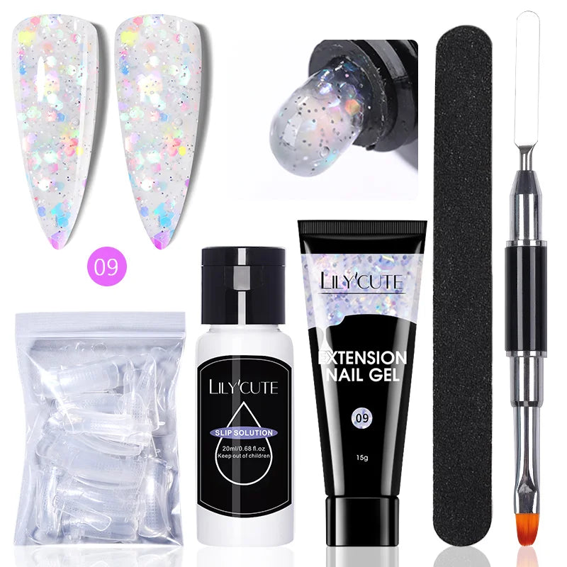 LILYCUTE 15ml Extension Gel Nail Polish Set Quick Nail Prolong With Extend Mold Nail Tips Acrylic Solution Manicure Tools Kit