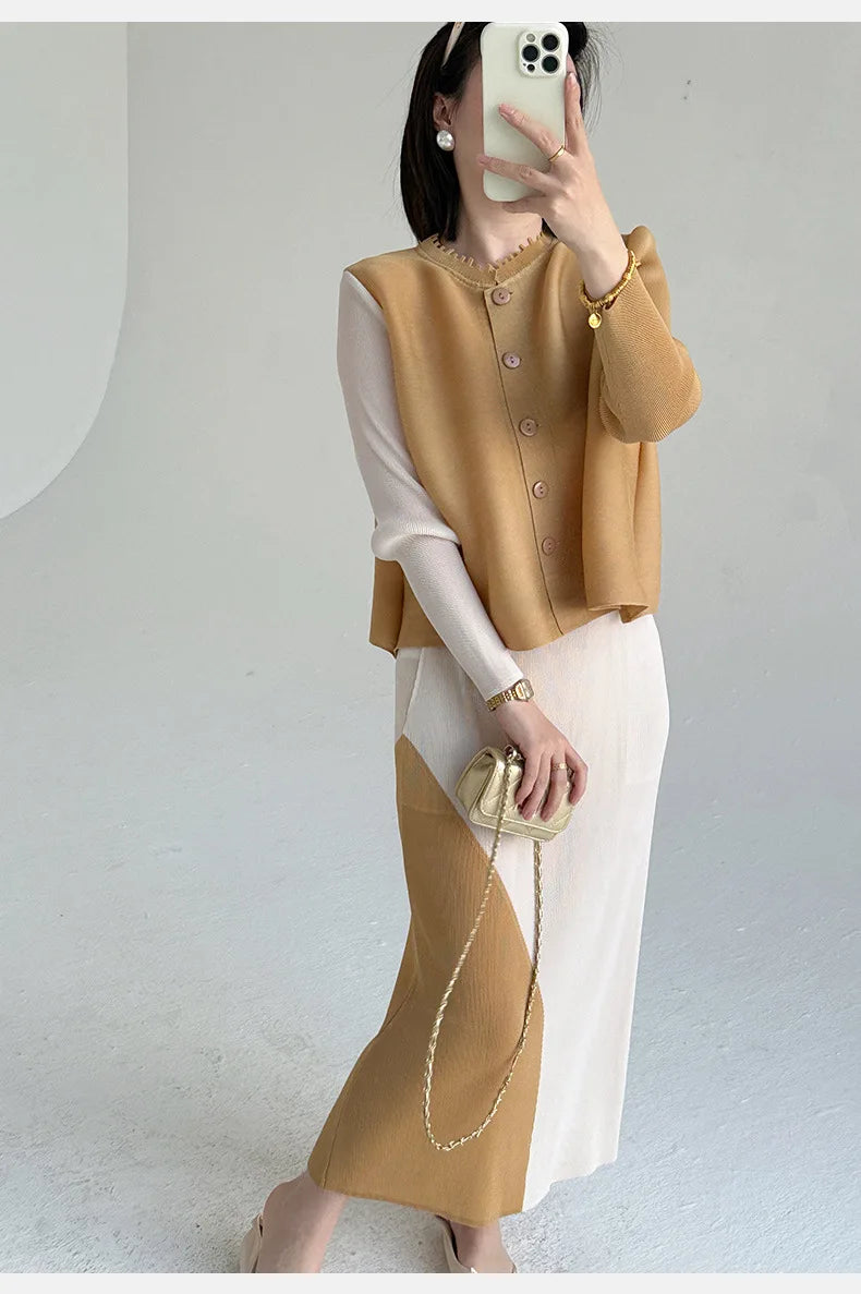 Khaki Beige Pleated Crew Neck Button Vest & Pleated Color Block Skirt Set Drapey Co-ord Set Minimalist Chic Trendy Daily 2026