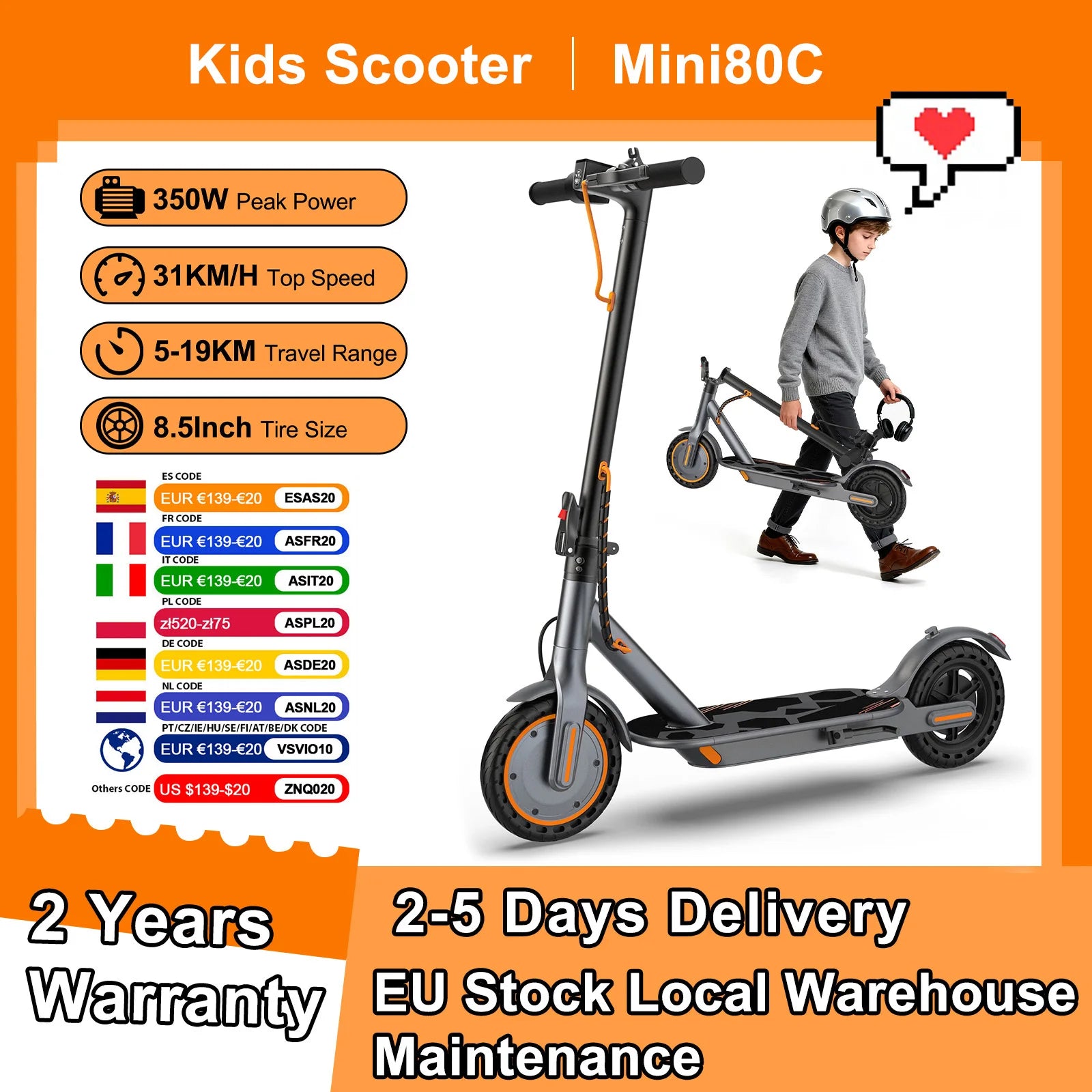 AOVOPRO Mini80C Electric Scooter for Children 350W 8.5Inch Kids Electric Scooter 31KM/H Super Speed 5-19KM APP Smart Escooter Main image