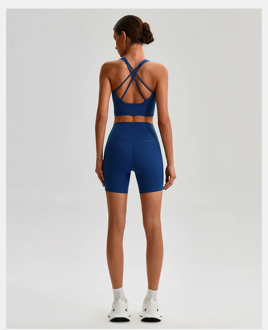 Buttery Soft Nylon Yoga Set Crisscross Back Sports Bra High Waist Biker Shorts 2 Piece Gym Set Workout Outfit Women Activewear