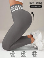 European and American Seamless Yoga Leggings with Waistband Lettering, Butt-Lifting, Quick-Dry Women's Breathable Tights for Pea