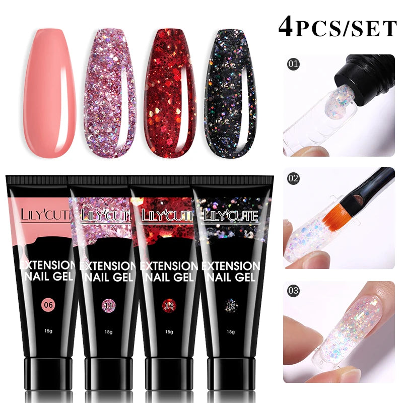 LILYCUTE 15ml Extension Gel Nail Polish Set Quick Nail Prolong With Extend Mold Nail Tips Acrylic Solution Manicure Tools Kit