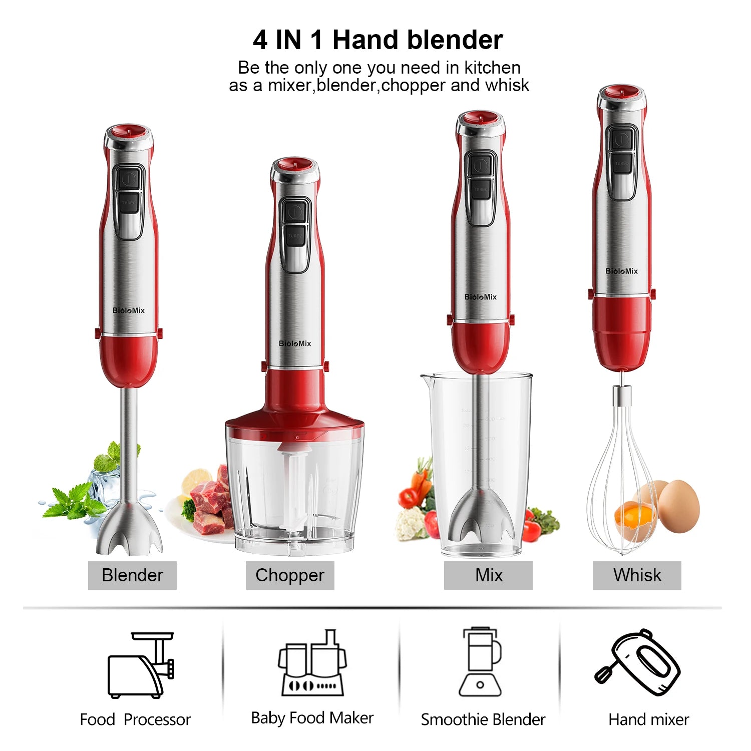 BioloMix 4-in-1 Hand Stick Blender, 1200W Stainless Steel - Immersion Mixer with Chopper Smoothie Cup Ice Blades for Baby Food
