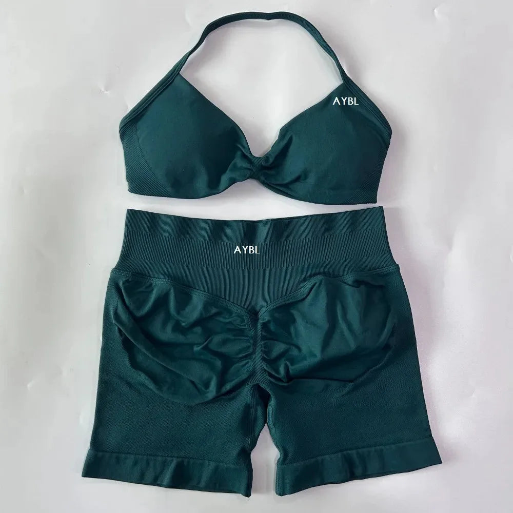 AYBL 2PCS Yoga Set Gym Set Women Strappy Yoga Bra Top High Waist Workout Scrunch Shorts Sports Suit Seamless Yoga Set Fitness