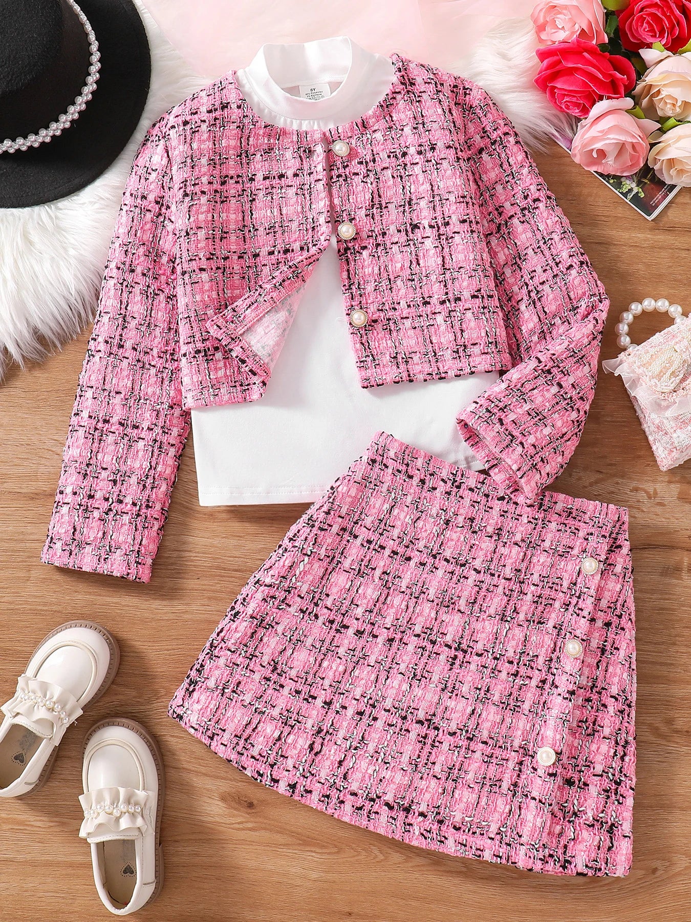 Children's spring and autumn new cute girl fashion dress 3 sets of pink plaid top + skirt + white long-sleeved base shirt Main image