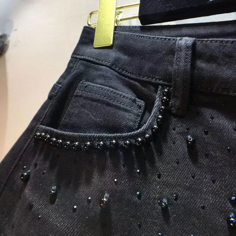 New Summer Denim Patchwork Hook Flower Hollow Lace Straight Leg Wide Leg Pants Casual High Waist Heavy Embroidery Rhinestone