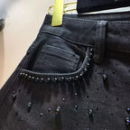 New Summer Denim Patchwork Hook Flower Hollow Lace Straight Leg Wide Leg Pants Casual High Waist Heavy Embroidery Rhinestone