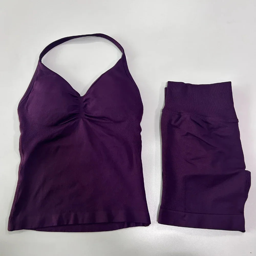 No Logo 2 Pieces Sports Set Women Backless Tank Tops High Waist Scrunch Seamless Shorts Gym Set Sportswear Workout Set Yoga