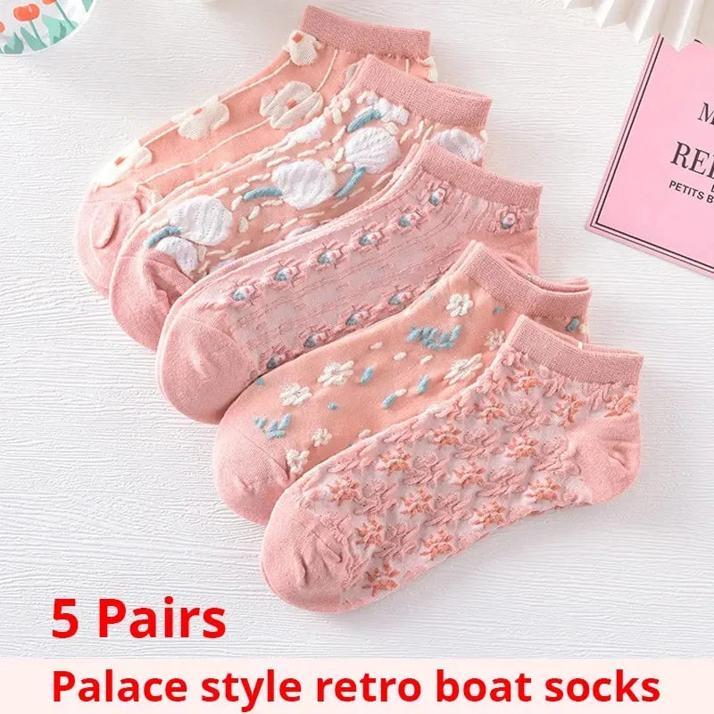 5 Pairs of Kawaii Cute Flower 3D Textured Ankle Socks - Vintage Style Thin Low Cut Hosiery for Womenity Pink Boat Socks Female Main image
