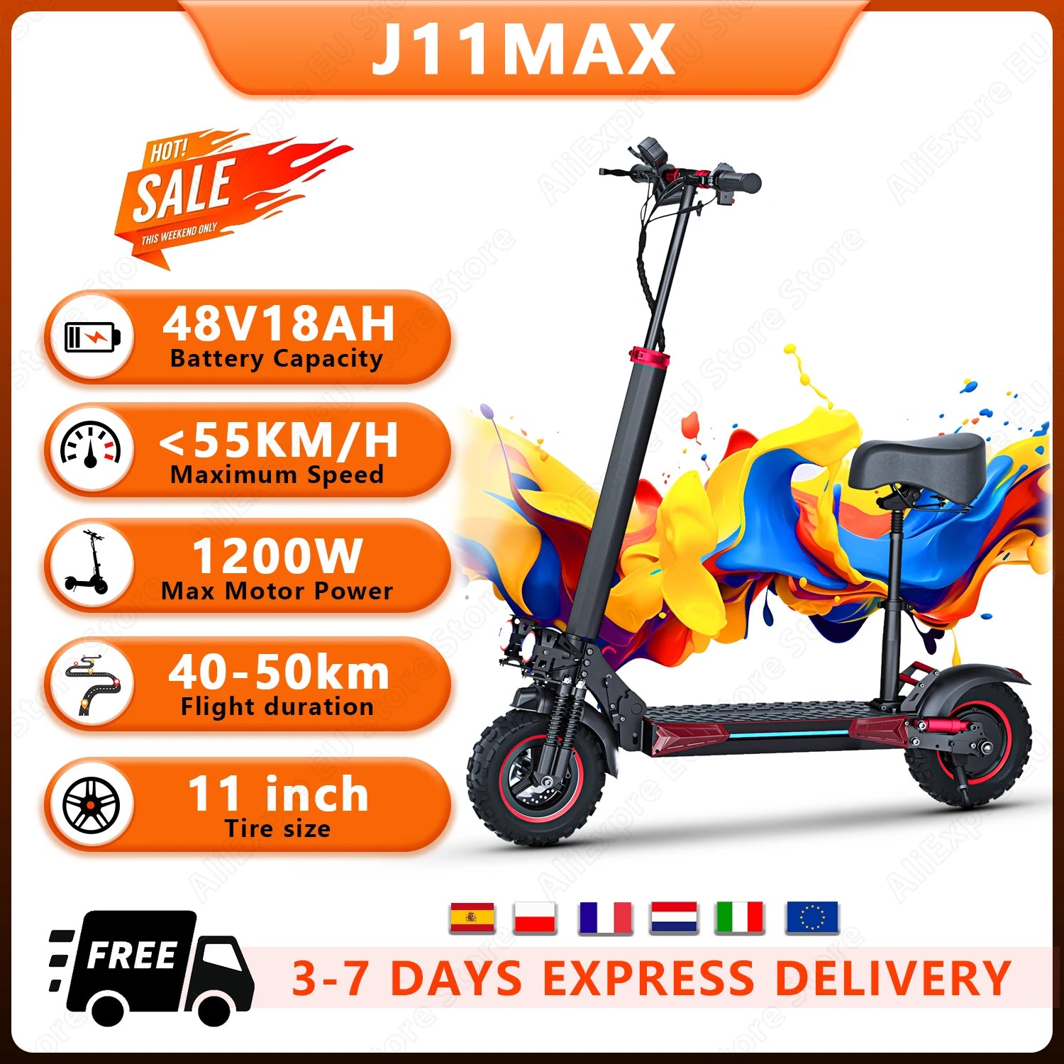 FREEBOY J11MAX EScooters,1200W Motor 48V18ah,Max speed 55km/h W/Seat Electric Scooters Aldult 11" Tire City Commuting E-Scooter Main image