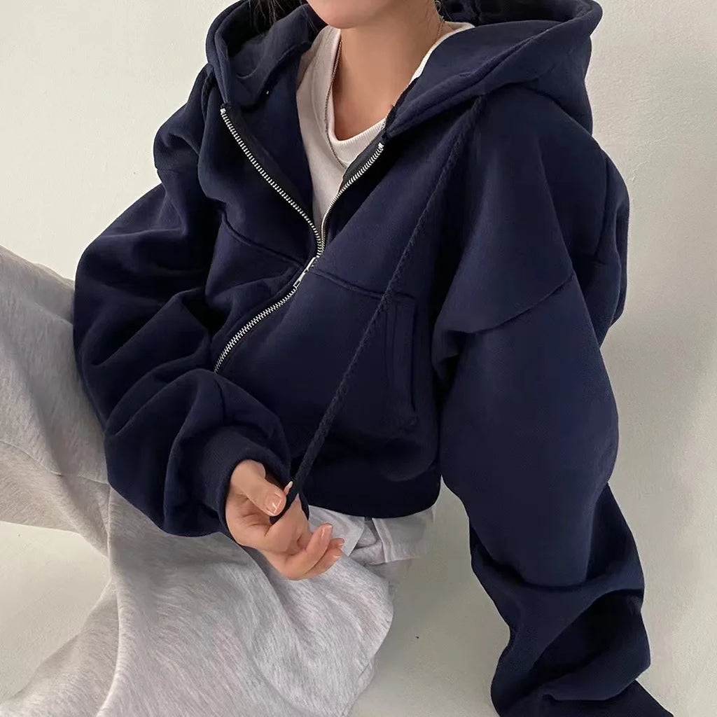 Autumn Winter Hooded Hoodies Women Casual Streetwear Zip Up Sweatshirts Long Sleeve Jackets Harajuku Y2K Crop Tops Hood Shirt