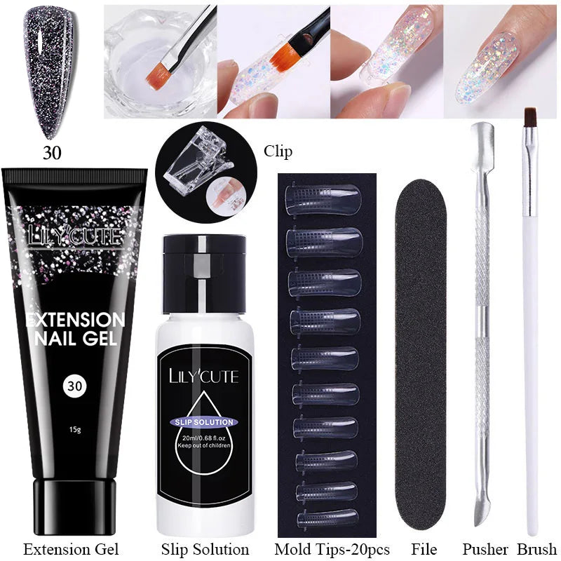 LILYCUTE 15ml Extension Gel Nail Polish Set Quick Nail Prolong With Extend Mold Nail Tips Acrylic Solution Manicure Tools Kit