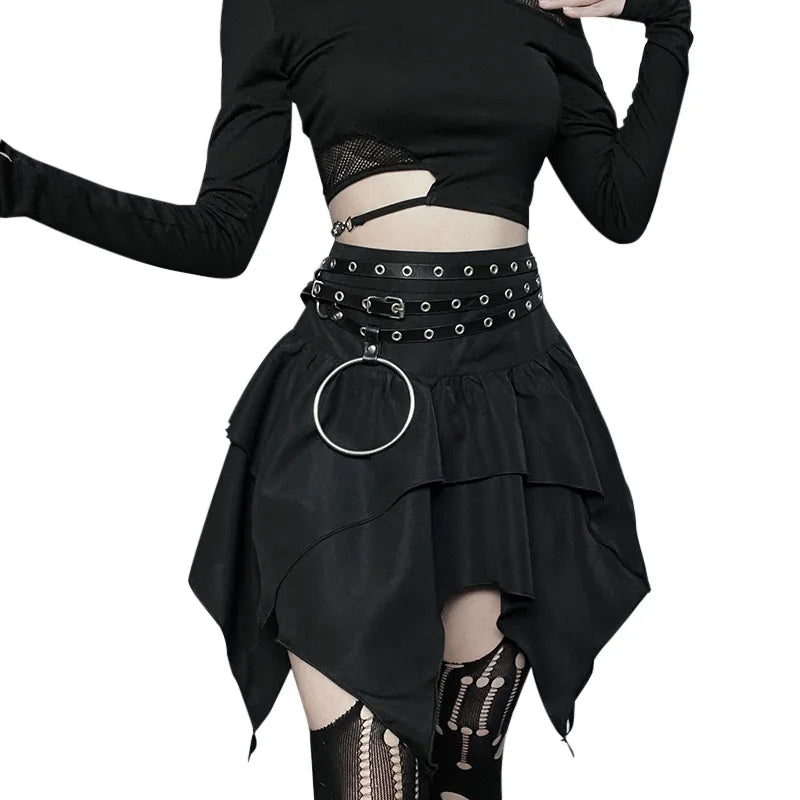 Summer Fashion Short Skirts New Sexy Women Gothic Punk Irregular Skirts Solid Color Drawstring Tie-Up Ruched Ruffles Mini Skirt