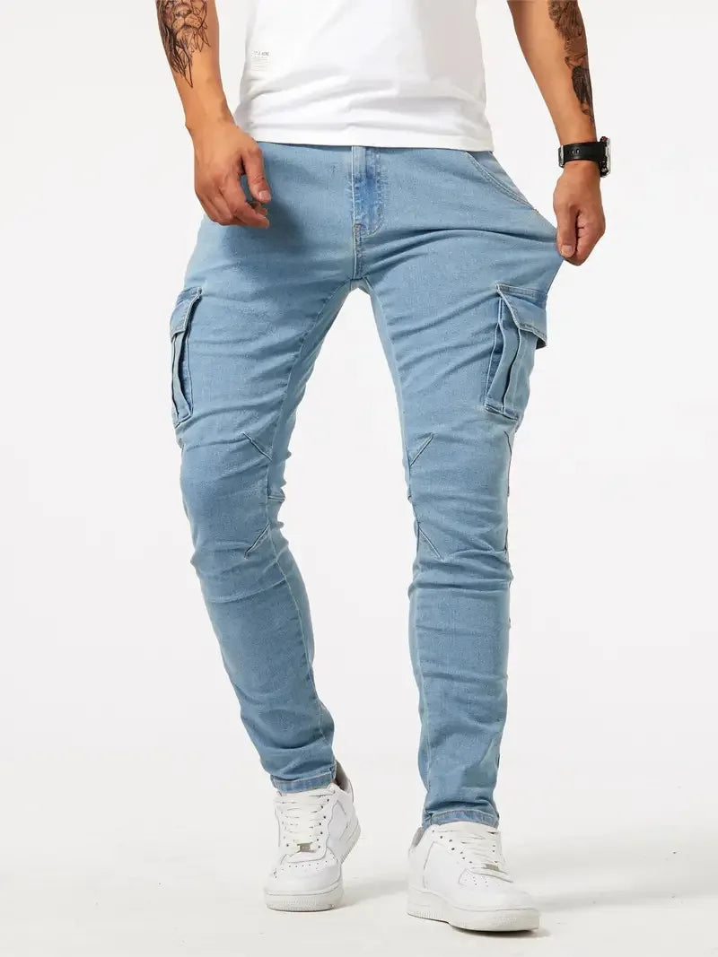 Men's street stretch denim jeans, washed solid color multi pocket work pants, casual slim fit, daily wear, jogging pants, mid wa Main image