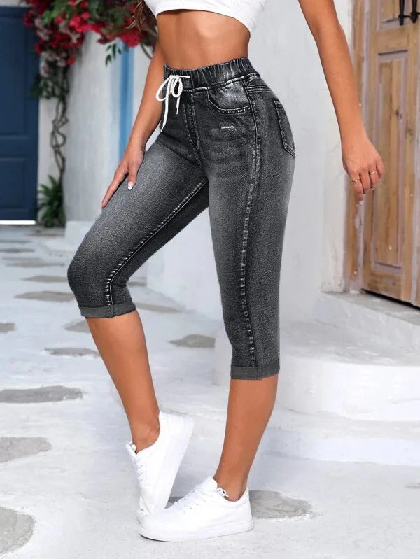 Hole Jeans Women Calf Length Pants Denim Fit High Waist Drawstring Pockets Vintage Pencil Trousers 2026 Streetwear Denims