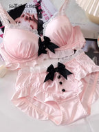 YUQI Kawaii Japanese Lolita Lingerie Set - Cute Bow Bra Cover & Panties for Small Chest, Pure Sexy Teen Girl Charm XS-S Cup Bra