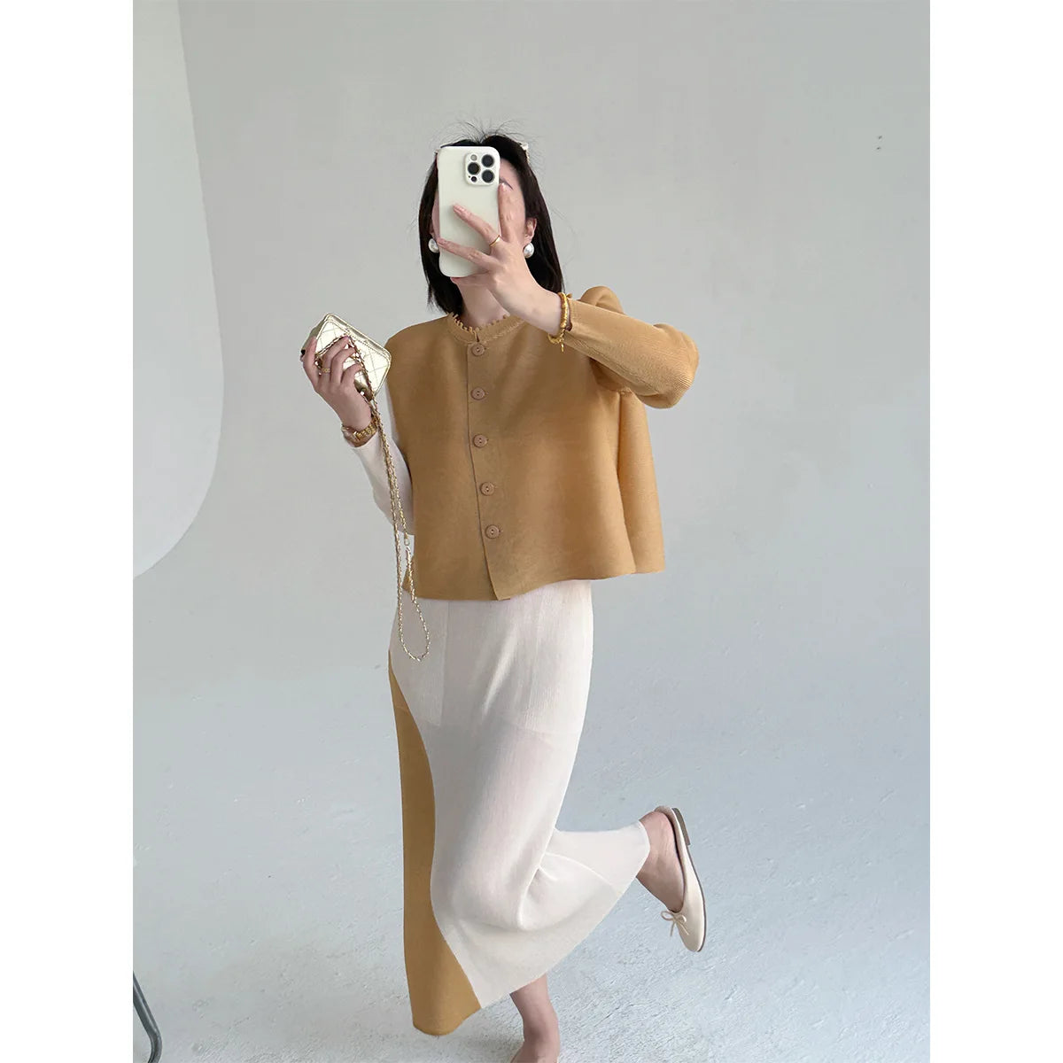 Khaki Beige Pleated Crew Neck Button Vest & Pleated Color Block Skirt Set Drapey Co-ord Set Minimalist Chic Trendy Daily 2026