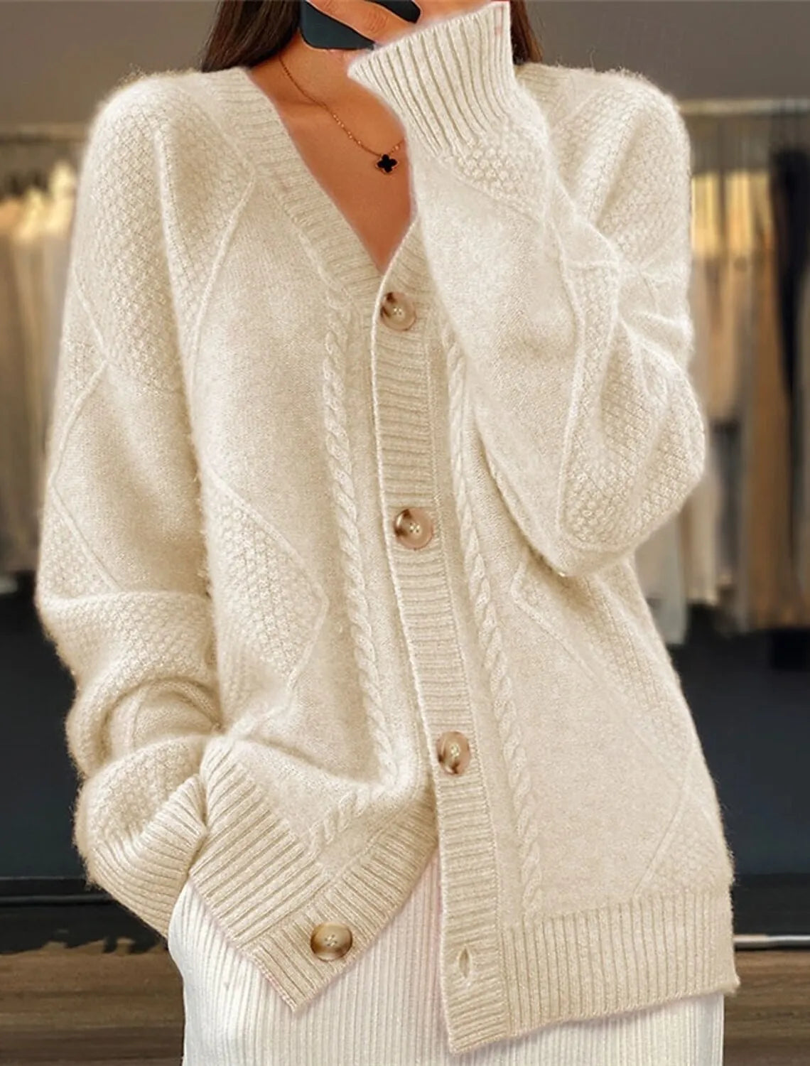 autumn and winter new solid color long sleeved V-neck knitted cardigan with breasted jacquard women's sweater Secondary image
