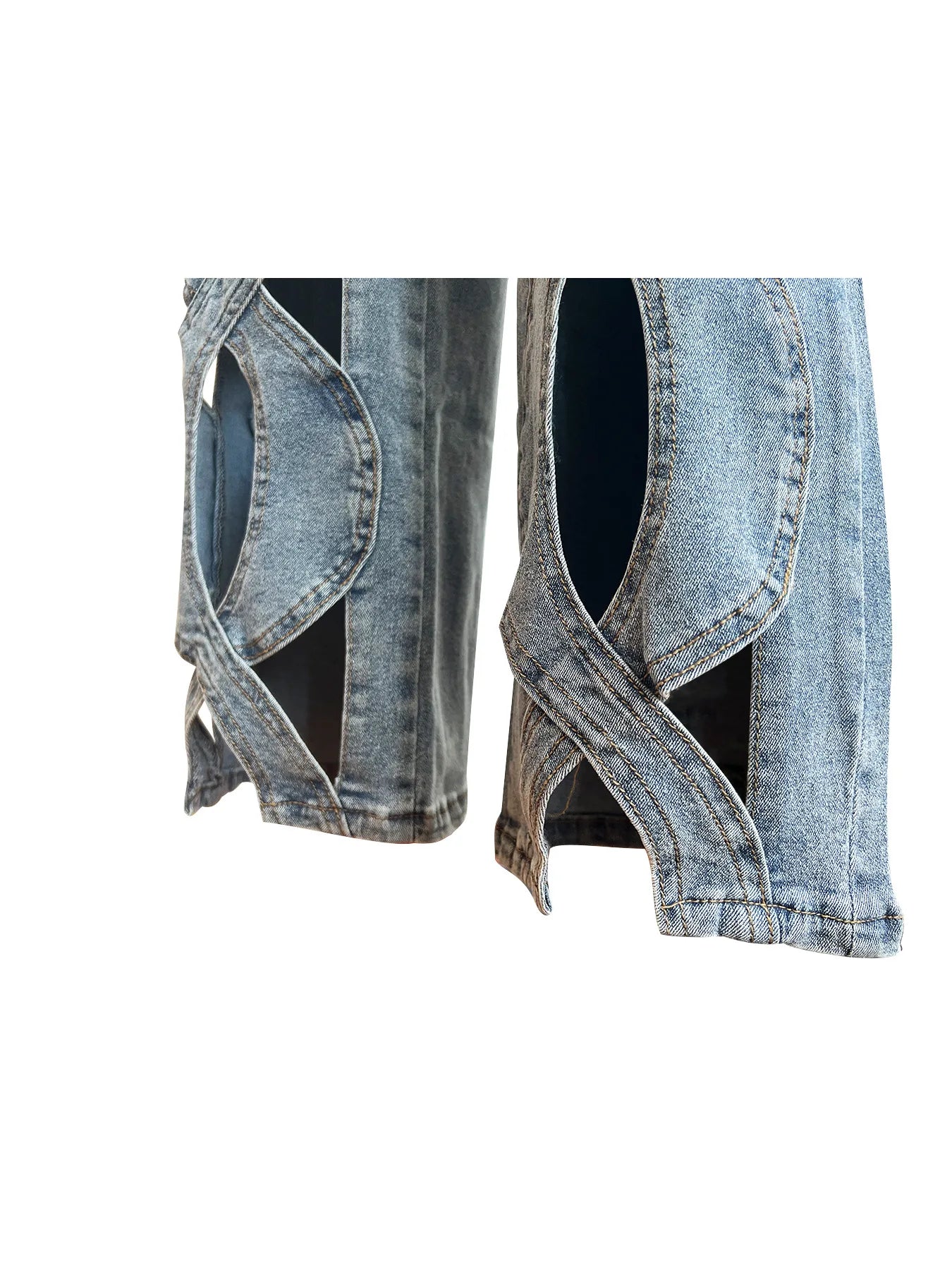 CM.YAYA Women Vintage Cutout Hollow Out Criss Cross Straight Denim Pants 2024 Fashion INS High Waist Wide Leg Jeans Trousers