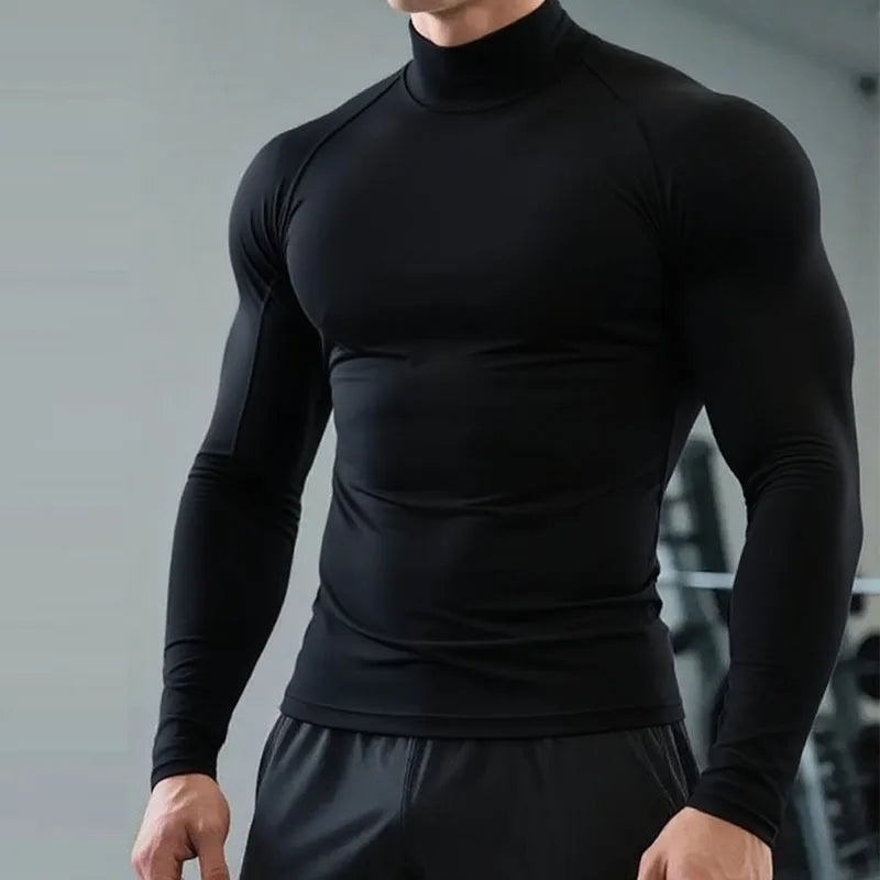 Winter Fleece Sports Shirt Men High Neck Compression Shirt Long Sleeved Training Top High Stretch Undershirt Secondary image