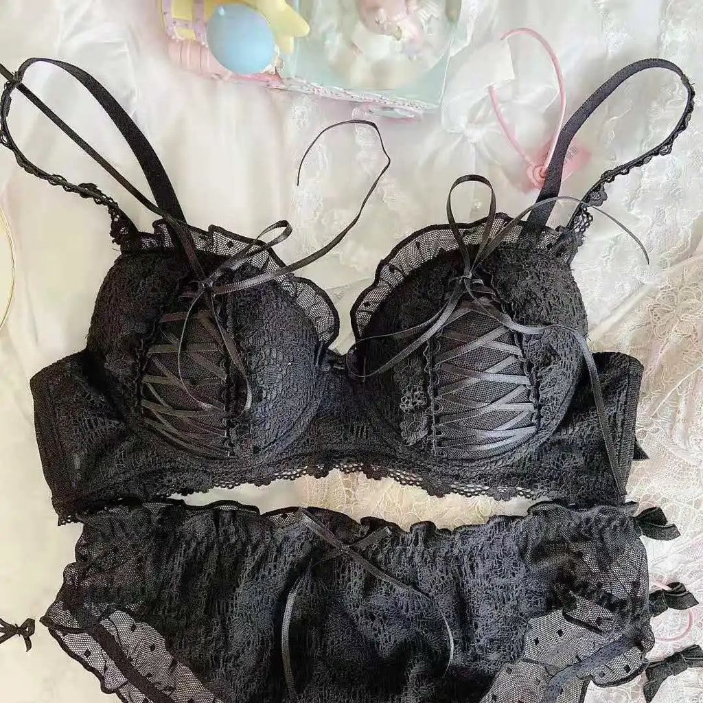 Lolita Girls Lace Padded Bra Sets Women Underwear Intimates Bralette Lingerie Japanese Ruffled Sweet Sexy Thin Cup Panties