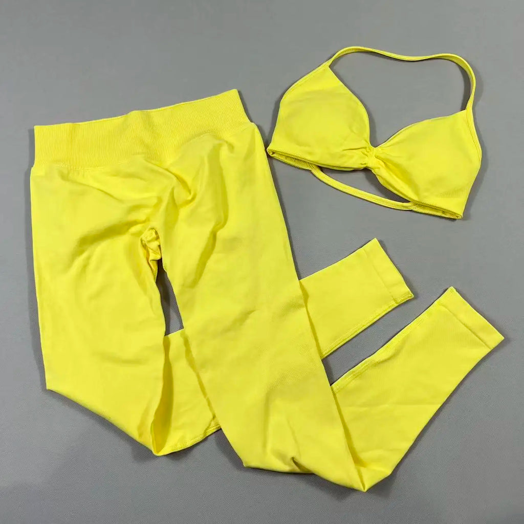 UETEEY Set For Woman Strappy Yoga Bra Sports Top Workout Leggings Set Seamless Gym Set Fitness Clothes Outfit Activewear