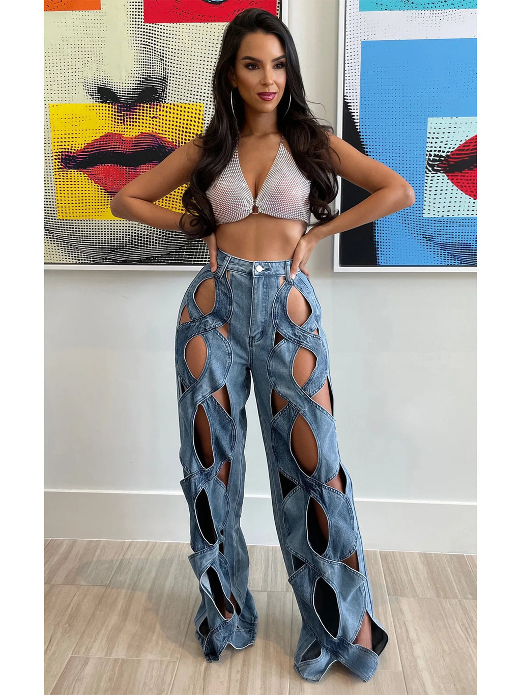 CM.YAYA Women Vintage Cutout Hollow Out Criss Cross Straight Denim Pants 2024 Fashion INS High Waist Wide Leg Jeans Trousers