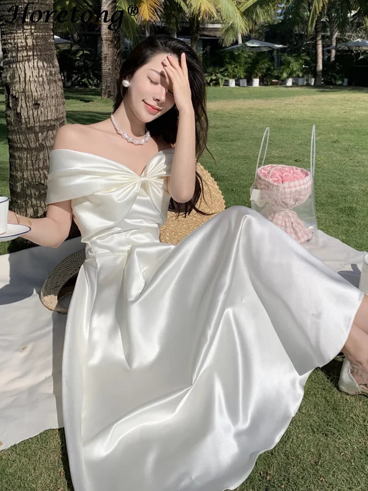 Horetong Bow Slash Neck Sexy Dress Summer Women White Fairy Elegant A-Line Midi Dresses Female Party Prom Clothes Vestdios Main image