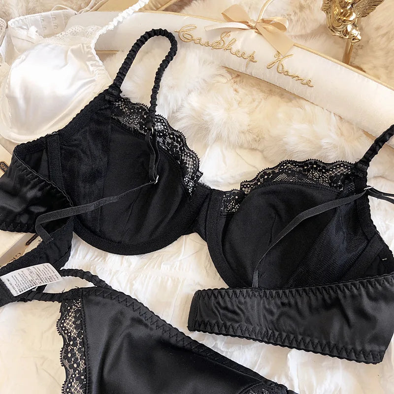 Summer Women Lingerie Set French Sexy Lace Ultra Thin Bra Set Silk Fabric Comfort Adjustable Strap Bralette Thongs Underwear Set
