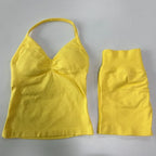No Logo 2 Pieces Sports Set Women Backless Tank Tops High Waist Scrunch Seamless Shorts Gym Set Sportswear Workout Set Yoga