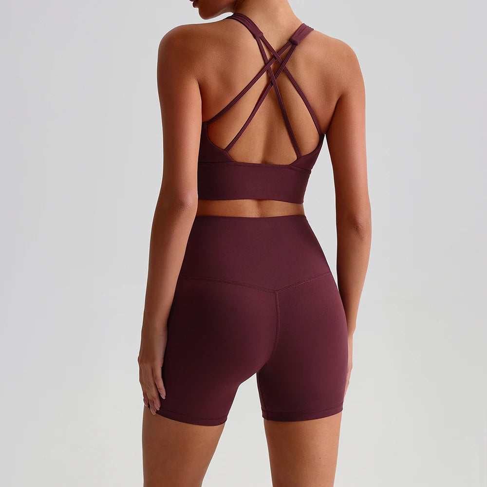 Buttery Soft Nylon Yoga Set Crisscross Back Sports Bra High Waist Biker Shorts 2 Piece Gym Set Workout Outfit Women Activewear