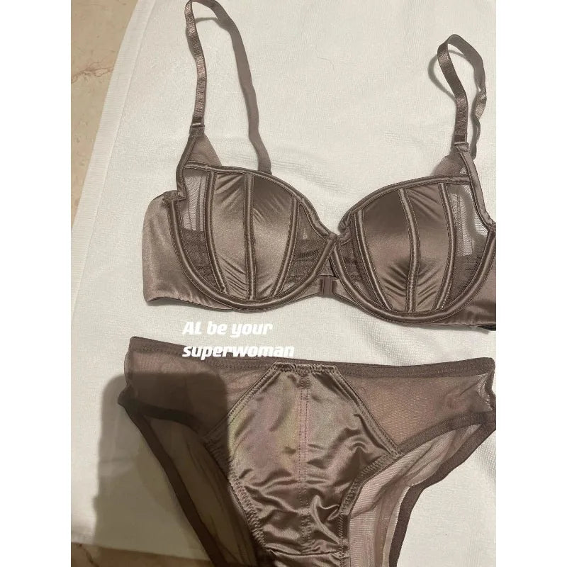 Front Buckle Push Up Bra for Women Lingerie Set Sexy Satin Mesh Semi-Cup Wireless Lift Bra Set with Adjustable Straps S-XL Size