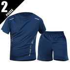 2-Piece Men's Summer Quick drying Sports Suit Loose And Breathable Short Sleeved T-shirt Running And Fitness Black Pocket Shorts