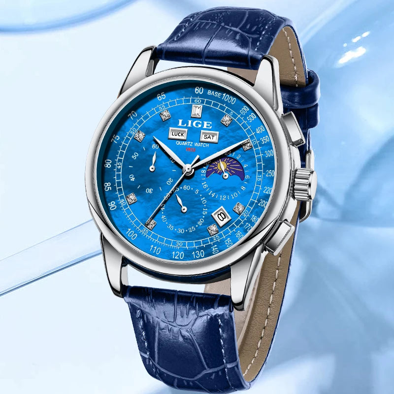 LIGE Retro Elegant Quartz Women's Wristwatches Simple Diamond Dial Fashion Casual Outdoor Date Waterproof Moon Phase Woman Watch