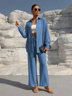 Plus Size Casual Loose Two-Piece Set Wide Leg Pants Long Sleeve Shirt Light Beige Street Style Elegant Quality Polyester Summ...