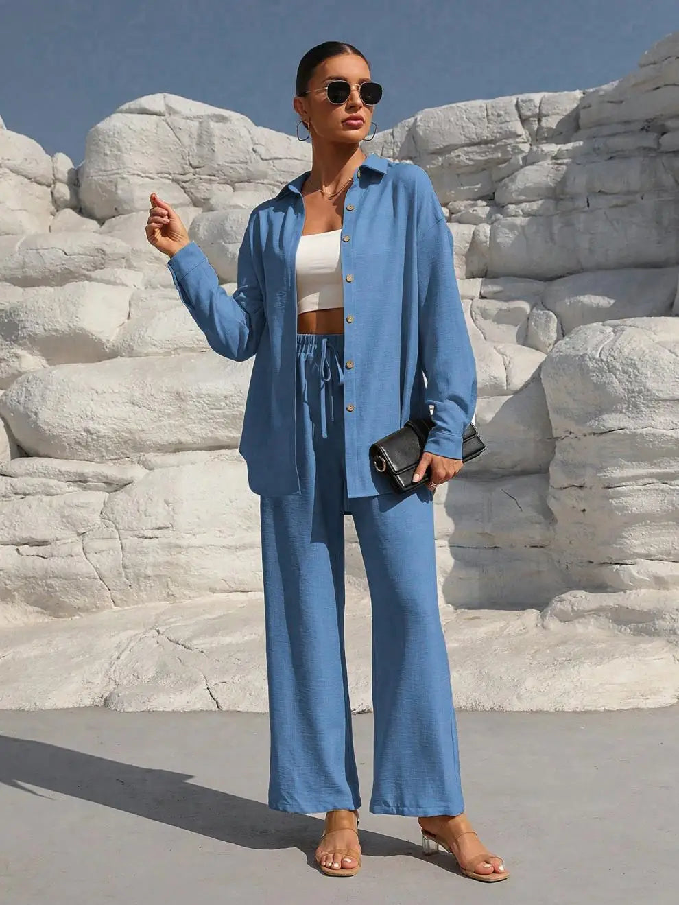 Plus Size Casual Loose Two-Piece Set Wide Leg Pants Long Sleeve Shirt Light Beige Street Style Elegant Quality Polyester Summ...
